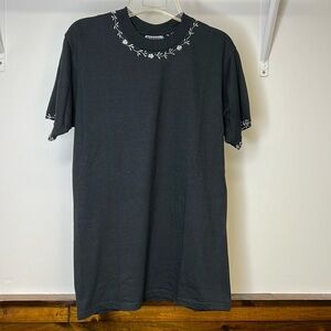 Hand Embroidered Floral Black Cotton‎ T-Shirt- M